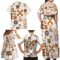 Vintage Hawaii Family Matching Off Shoulder Maxi Dress and Hawaiian Shirt Hawaiian Quilt Kapa Mismatch Beige LT7 - Polynesian Pride