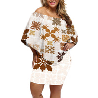 Vintage Hawaii Off Shoulder Short Dress Hawaiian Quilt Kapa Mismatch Beige LT7 Women Beige - Polynesian Pride