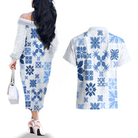 Vintage Hawaii Couples Matching Off The Shoulder Long Sleeve Dress and Hawaiian Shirt Hawaiian Quilt Kapa Mismatch Blue LT7 - Polynesian Pride