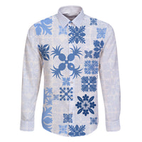 Vintage Hawaii Family Matching Off Shoulder Long Sleeve Dress and Hawaiian Shirt Hawaiian Quilt Kapa Mismatch Blue LT7 Dad's Shirt - Long Sleeve Blue - Polynesian Pride