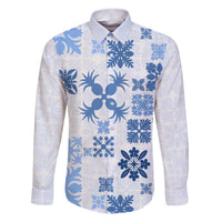 Vintage Hawaii Family Matching Puletasi Dress and Hawaiian Shirt Hawaiian Quilt Kapa Mismatch Blue LT7 Dad's Shirt - Long Sleeve Blue - Polynesian Pride