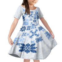 Vintage Hawaii Family Matching Short Sleeve Bodycon Dress and Hawaiian Shirt Hawaiian Quilt Kapa Mismatch Blue LT7 Daughter's Dress Blue - Polynesian Pride