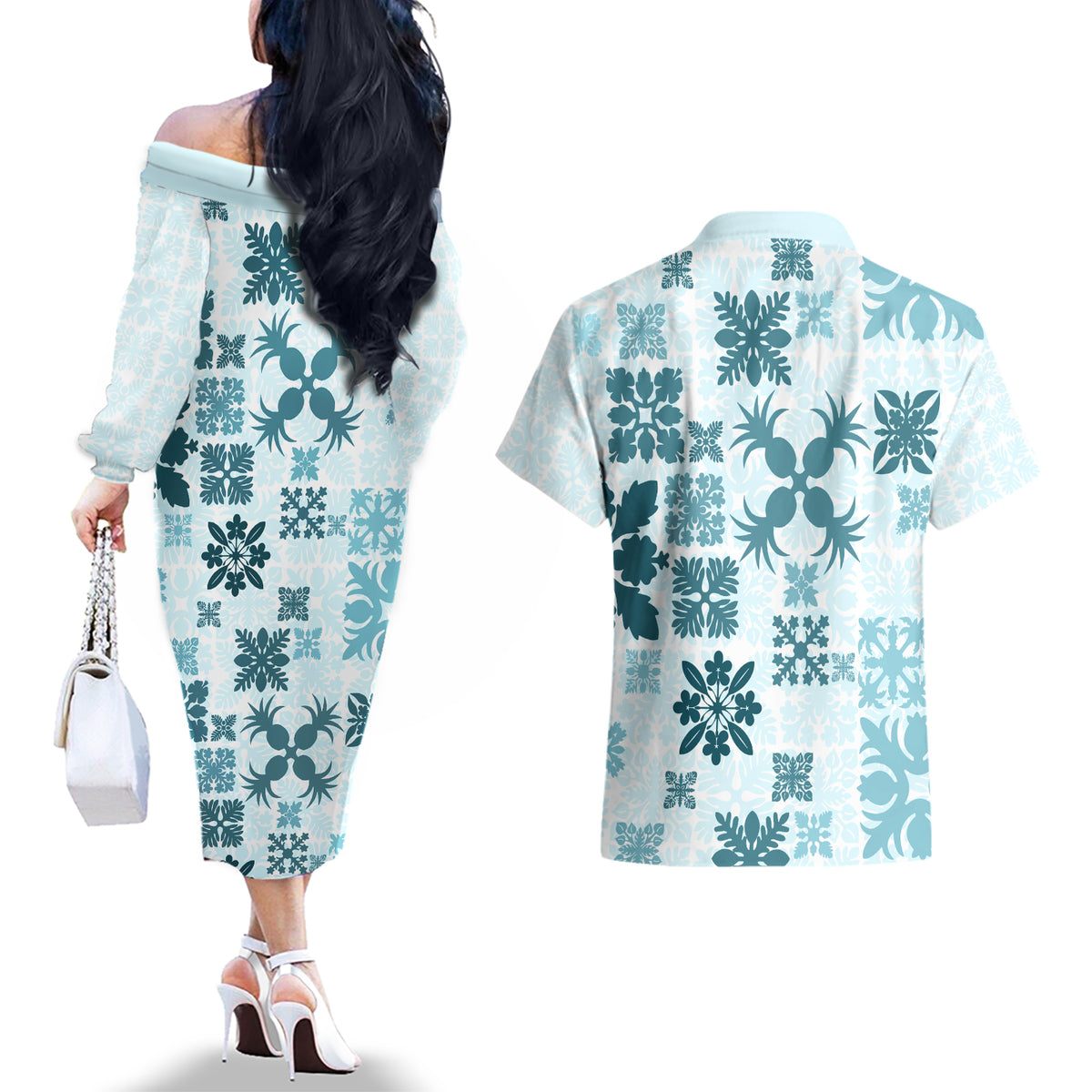 Vintage Hawaii Couples Matching Off The Shoulder Long Sleeve Dress and Hawaiian Shirt Hawaiian Quilt Kapa Mismatch Teal LT7 - Polynesian Pride