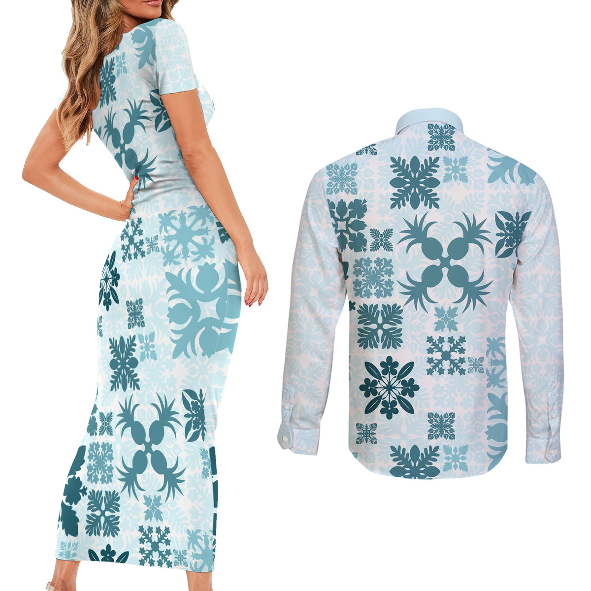Vintage Hawaii Couples Matching Short Sleeve Bodycon Dress and Long Sleeve Button Shirts Hawaiian Quilt Kapa Mismatch Teal LT7 - Polynesian Pride