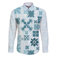 Vintage Hawaii Family Matching Off Shoulder Short Dress and Hawaiian Shirt Hawaiian Quilt Kapa Mismatch Teal LT7 Dad's Shirt - Long Sleeve Teal - Polynesian Pride