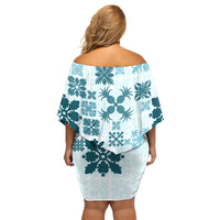 Vintage Hawaii Family Matching Off Shoulder Short Dress and Hawaiian Shirt Hawaiian Quilt Kapa Mismatch Teal LT7 - Polynesian Pride