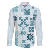 Vintage Hawaii Family Matching Puletasi Dress and Hawaiian Shirt Hawaiian Quilt Kapa Mismatch Teal LT7 Dad's Shirt - Long Sleeve Teal - Polynesian Pride