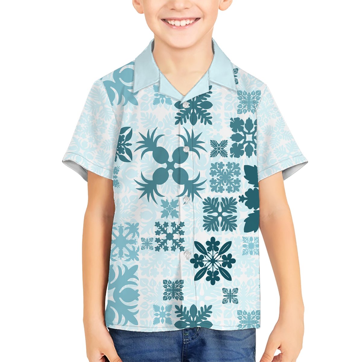 Vintage Hawaii Hawaiian Shirt Hawaiian Quilt Kapa Mismatch Teal LT7 - Polynesian Pride