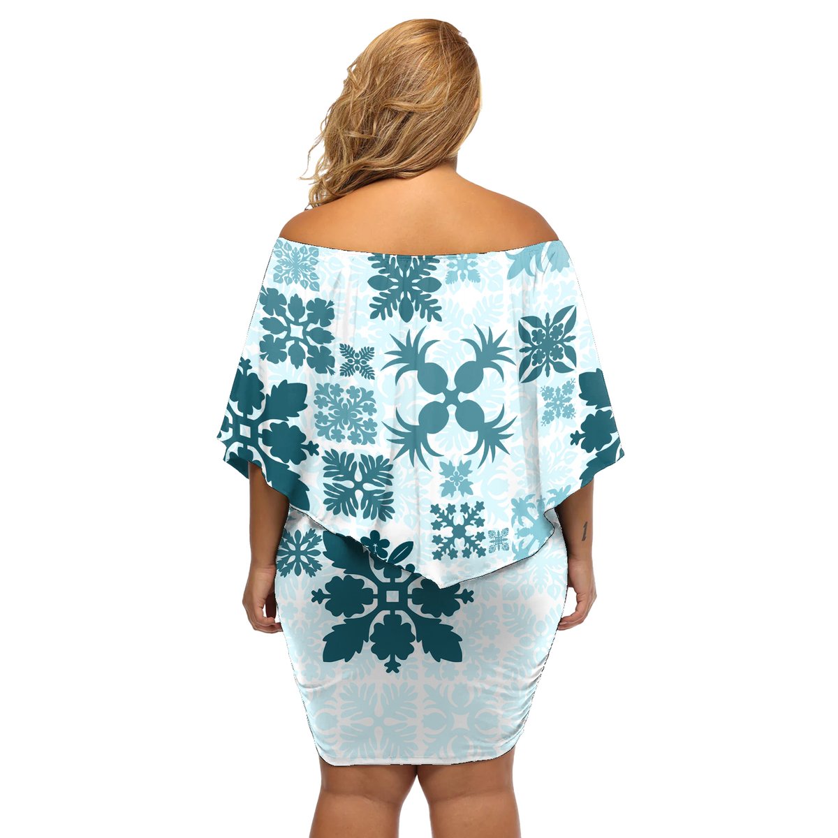 Vintage Hawaii Off Shoulder Short Dress Hawaiian Quilt Kapa Mismatch Teal LT7 - Polynesian Pride