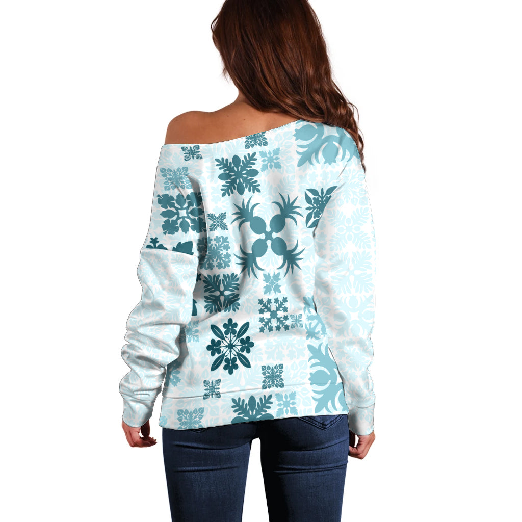 Vintage Hawaii Off Shoulder Sweater Hawaiian Quilt Kapa Mismatch Teal LT7 - Polynesian Pride