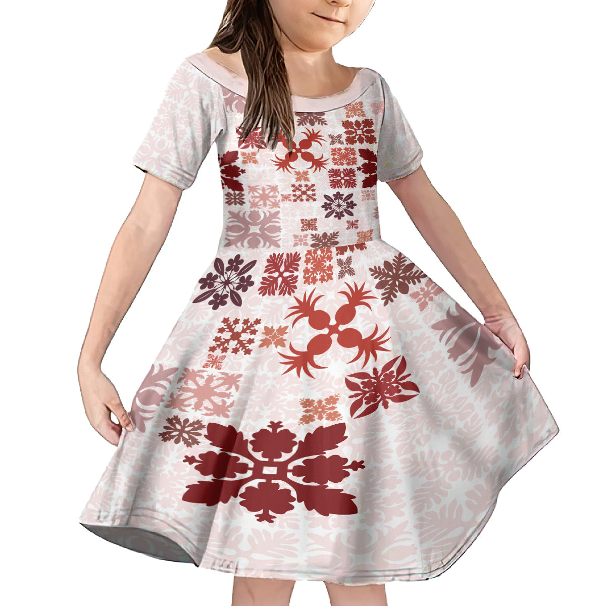 Vintage Hawaii Family Matching Off Shoulder Long Sleeve Dress and Hawaiian Shirt Hawaiian Quilt Kapa Mismatch Red LT7 Daughter's Dress Red - Polynesian Pride