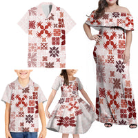 Vintage Hawaii Family Matching Off Shoulder Maxi Dress and Hawaiian Shirt Hawaiian Quilt Kapa Mismatch Red LT7 - Polynesian Pride