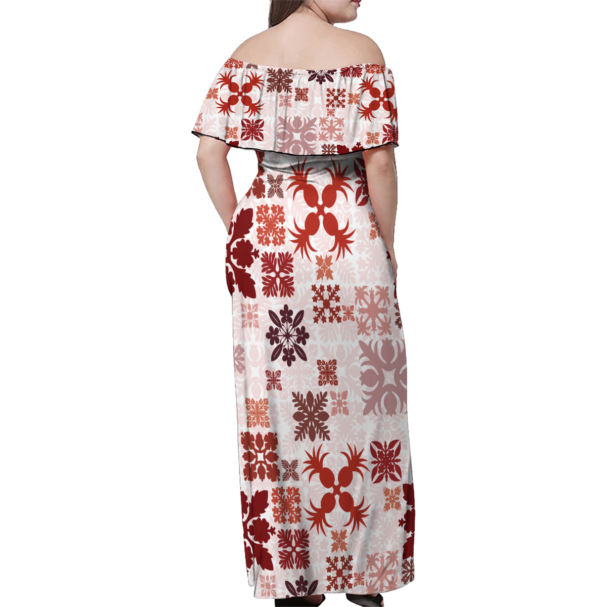 Vintage Hawaii Family Matching Off Shoulder Maxi Dress and Hawaiian Shirt Hawaiian Quilt Kapa Mismatch Red LT7 - Polynesian Pride