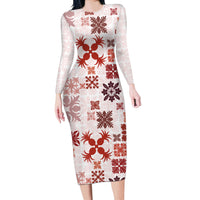 Vintage Hawaii Long Sleeve Bodycon Dress Hawaiian Quilt Kapa Mismatch Red LT7 Long Dress Red - Polynesian Pride