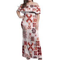 Vintage Hawaii Off Shoulder Maxi Dress Hawaiian Quilt Kapa Mismatch Red LT7 Women Red - Polynesian Pride