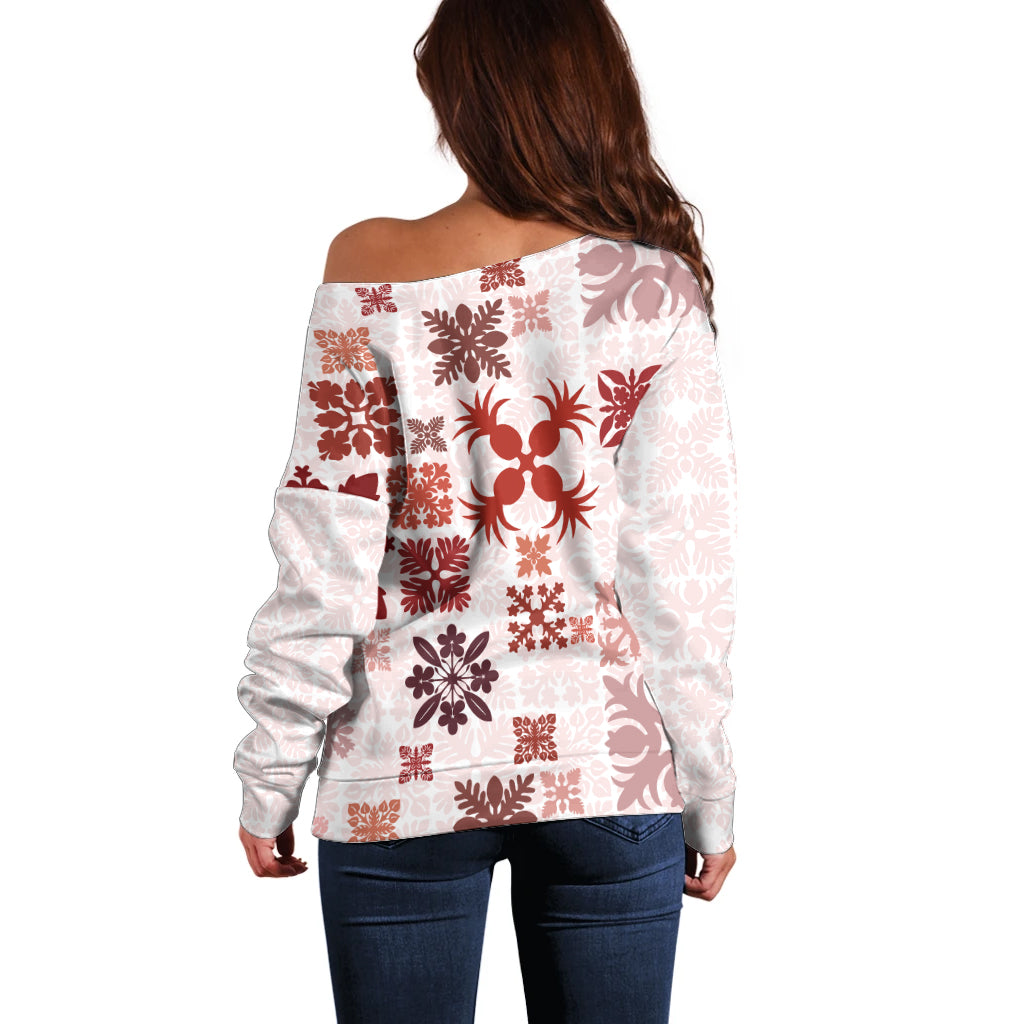 Vintage Hawaii Off Shoulder Sweater Hawaiian Quilt Kapa Mismatch Red LT7 - Polynesian Pride