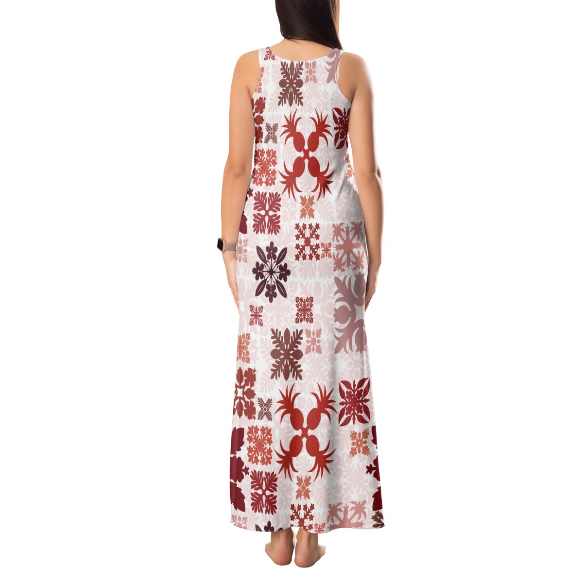 Vintage Hawaii Tank Maxi Dress Hawaiian Quilt Kapa Mismatch Red LT7 - Polynesian Pride