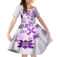 Vintage Hawaii Family Matching Long Sleeve Bodycon Dress and Hawaiian Shirt Hawaiian Quilt Kapa Mismatch Purple LT7 Daughter's Dress Purple - Polynesian Pride