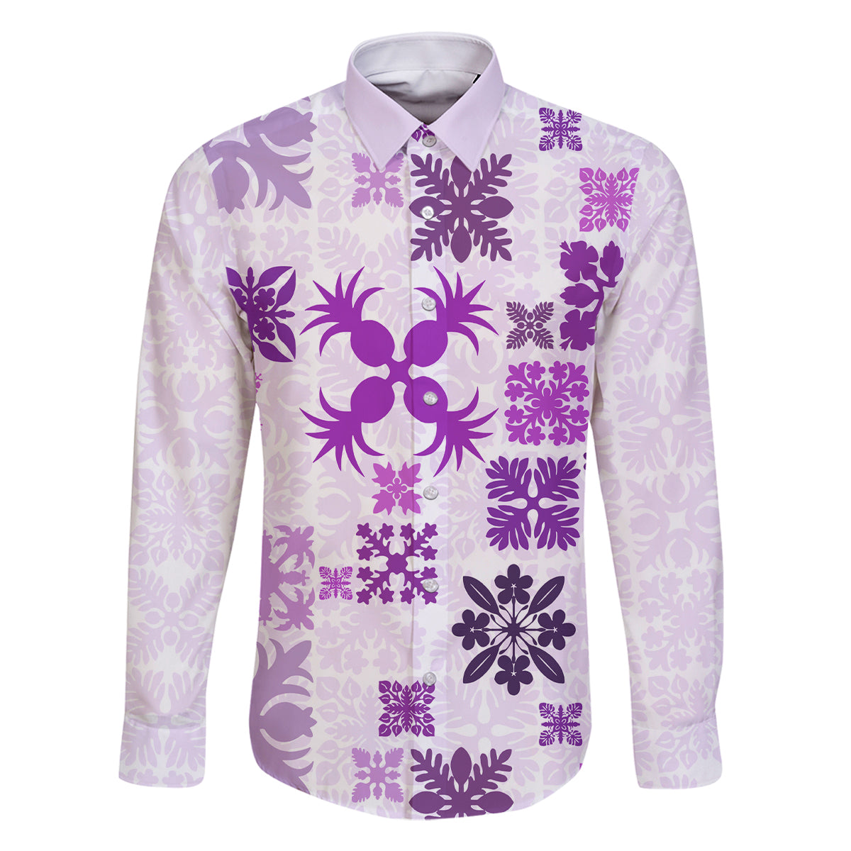 Vintage Hawaii Family Matching Off Shoulder Short Dress and Hawaiian Shirt Hawaiian Quilt Kapa Mismatch Purple LT7 Dad's Shirt - Long Sleeve Purple - Polynesian Pride