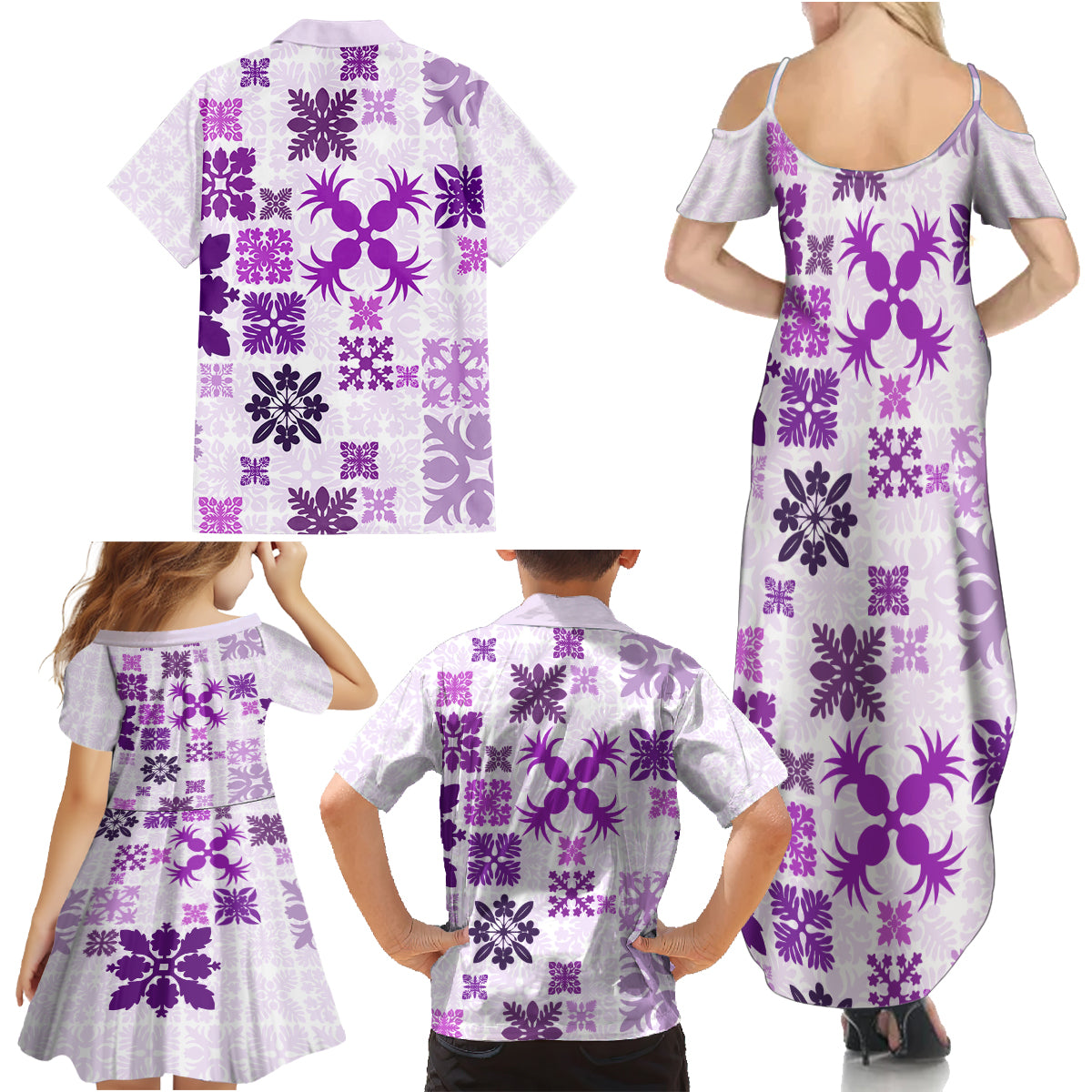 Vintage Hawaii Family Matching Summer Maxi Dress and Hawaiian Shirt Hawaiian Quilt Kapa Mismatch Purple LT7 - Polynesian Pride