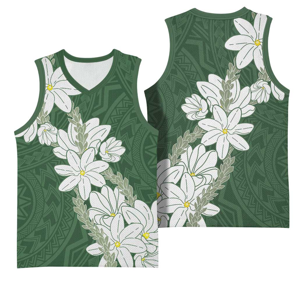 Ia Orana Tahiti Tiare Basketball Jersey Sage Green Lei - Polynesian Pride