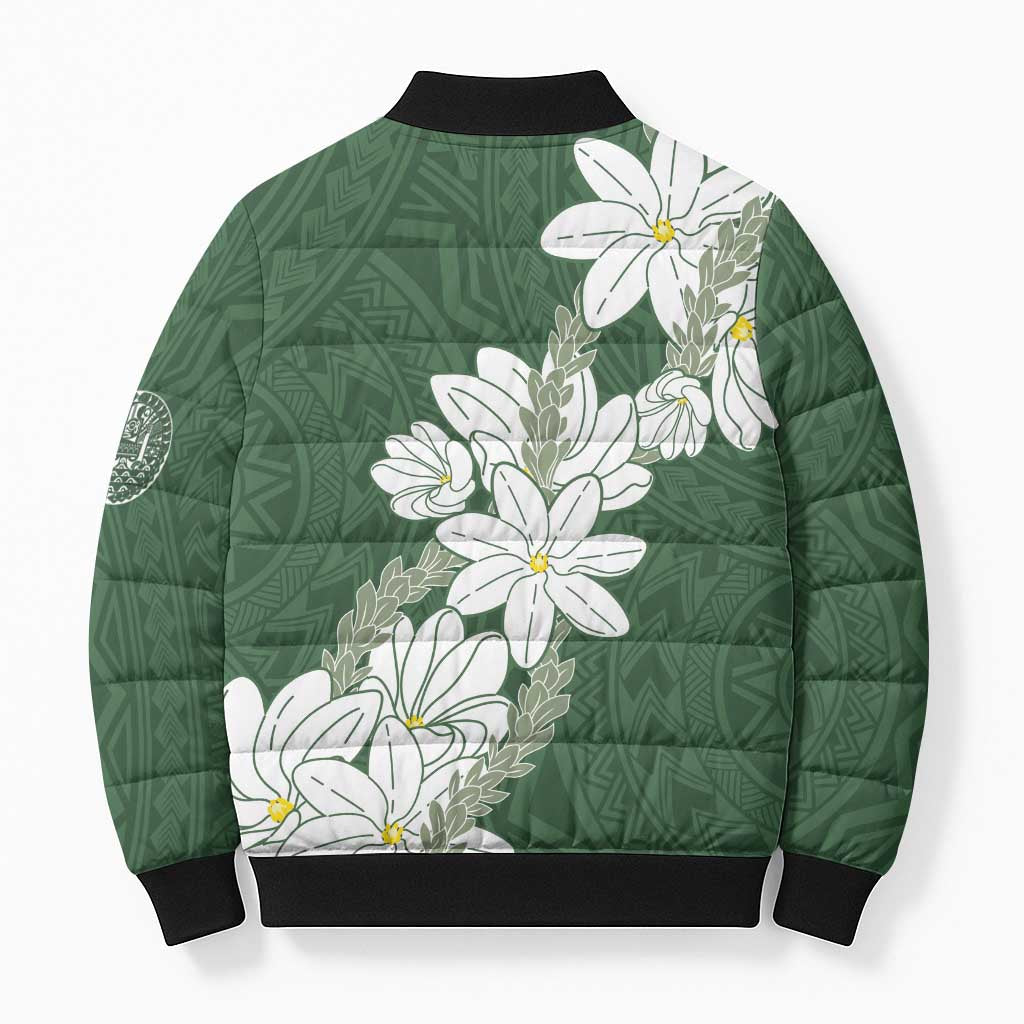 Ia Orana Tahiti Tiare Bomber Puffer Jacket Sage Green Lei - Polynesian Pride
