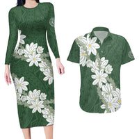 Ia Orana Tahiti Tiare Couples Matching Long Sleeve Bodycon Dress and Hawaiian Shirt Sage Green Lei LT7 Sage Green - Polynesian Pride