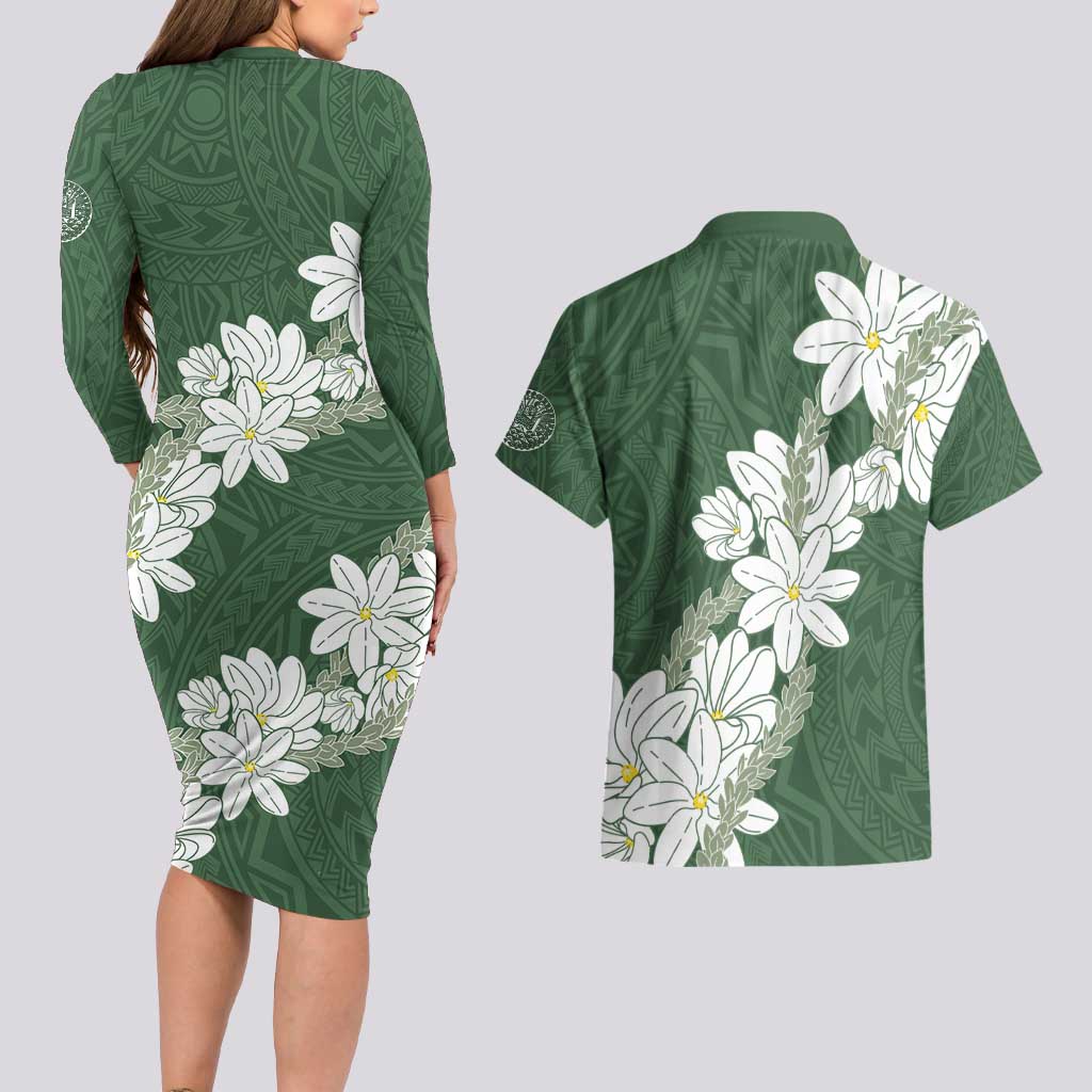Ia Orana Tahiti Tiare Couples Matching Long Sleeve Bodycon Dress and Hawaiian Shirt Sage Green Lei LT7 - Polynesian Pride