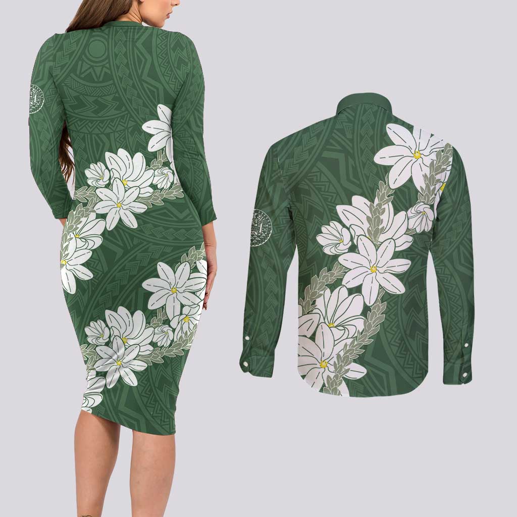 Ia Orana Tahiti Tiare Couples Matching Long Sleeve Bodycon Dress and Long Sleeve Button Shirt Sage Green Lei LT7 - Polynesian Pride