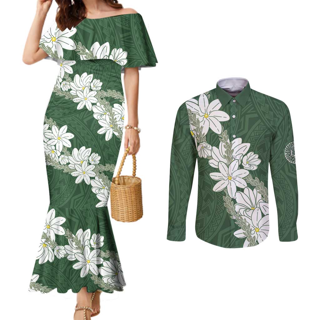 Ia Orana Tahiti Tiare Couples Matching Mermaid Dress and Long Sleeve Button Shirt Sage Green Lei LT7 Sage Green - Polynesian Pride