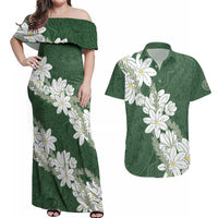 Ia Orana Tahiti Tiare Couples Matching Off Shoulder Maxi Dress and Hawaiian Shirt Sage Green Lei LT7 Sage Green - Polynesian Pride