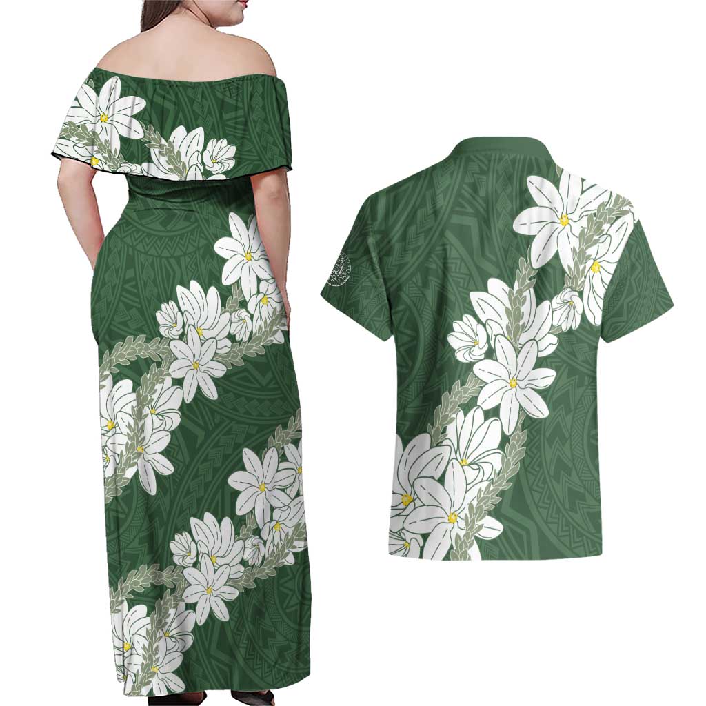 Ia Orana Tahiti Tiare Couples Matching Off Shoulder Maxi Dress and Hawaiian Shirt Sage Green Lei LT7 - Polynesian Pride