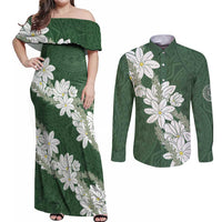 Ia Orana Tahiti Tiare Couples Matching Off Shoulder Maxi Dress and Long Sleeve Button Shirt Sage Green Lei LT7 Sage Green - Polynesian Pride