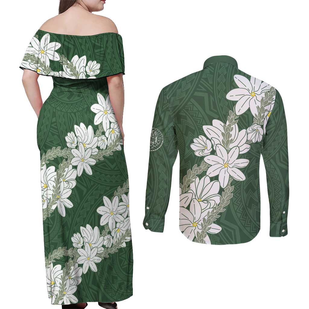 Ia Orana Tahiti Tiare Couples Matching Off Shoulder Maxi Dress and Long Sleeve Button Shirt Sage Green Lei LT7 - Polynesian Pride