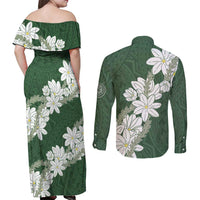 Ia Orana Tahiti Tiare Couples Matching Off Shoulder Maxi Dress and Long Sleeve Button Shirt Sage Green Lei LT7 - Polynesian Pride