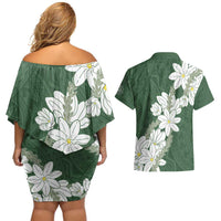 Ia Orana Tahiti Tiare Couples Matching Off Shoulder Short Dress and Hawaiian Shirt Sage Green Lei LT7 - Polynesian Pride