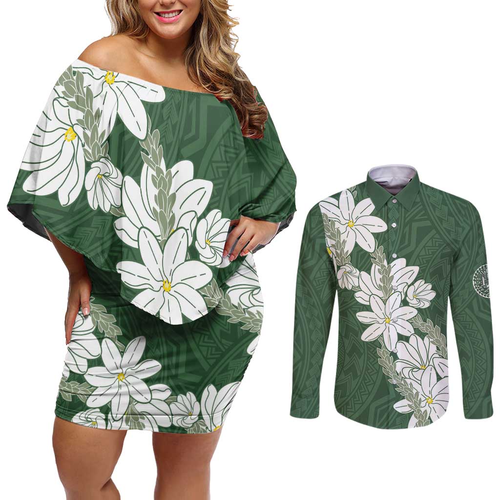 Ia Orana Tahiti Tiare Couples Matching Off Shoulder Short Dress and Long Sleeve Button Shirt Sage Green Lei LT7 Sage Green - Polynesian Pride
