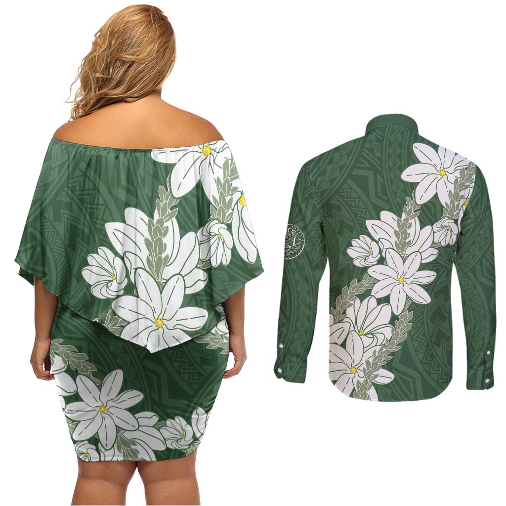 Ia Orana Tahiti Tiare Couples Matching Off Shoulder Short Dress and Long Sleeve Button Shirt Sage Green Lei LT7 - Polynesian Pride