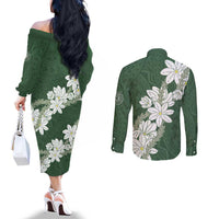 Ia Orana Tahiti Tiare Couples Matching Off The Shoulder Long Sleeve Dress and Long Sleeve Button Shirt Sage Green Lei LT7 - Polynesian Pride
