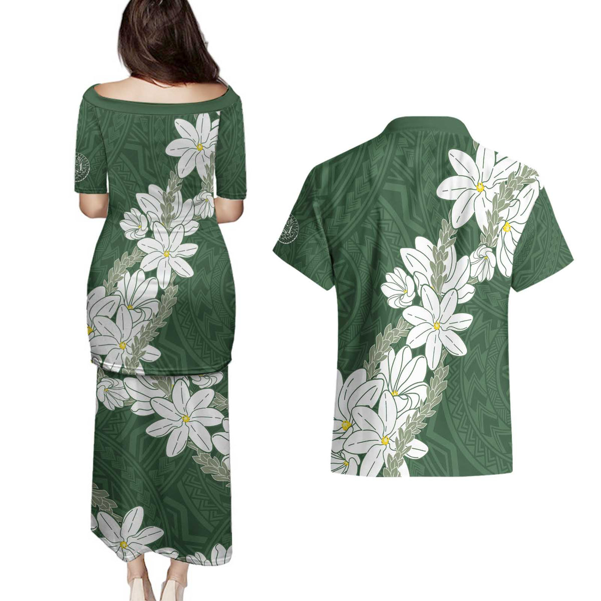 Ia Orana Tahiti Tiare Couples Matching Puletasi and Hawaiian Shirt Sage Green Lei LT7 - Polynesian Pride