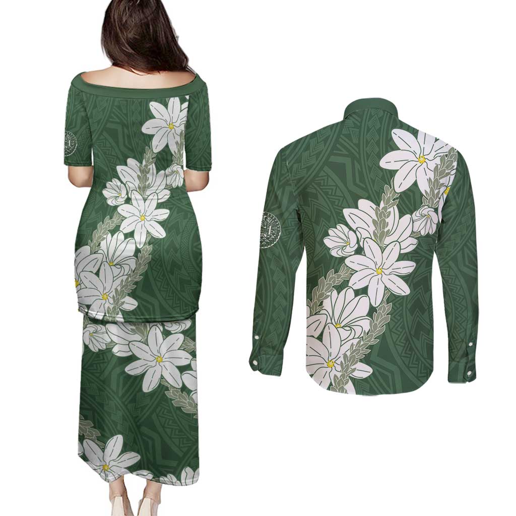 Ia Orana Tahiti Tiare Couples Matching Puletasi and Long Sleeve Button Shirt Sage Green Lei LT7 - Polynesian Pride
