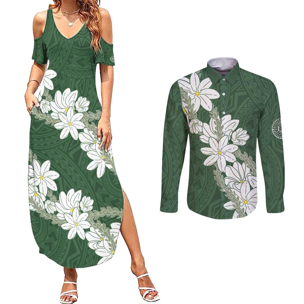 Ia Orana Tahiti Tiare Couples Matching Summer Maxi Dress and Long Sleeve Button Shirt Sage Green Lei LT7 Sage Green - Polynesian Pride
