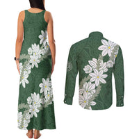 Ia Orana Tahiti Tiare Couples Matching Tank Maxi Dress and Long Sleeve Button Shirt Sage Green Lei LT7 - Polynesian Pride