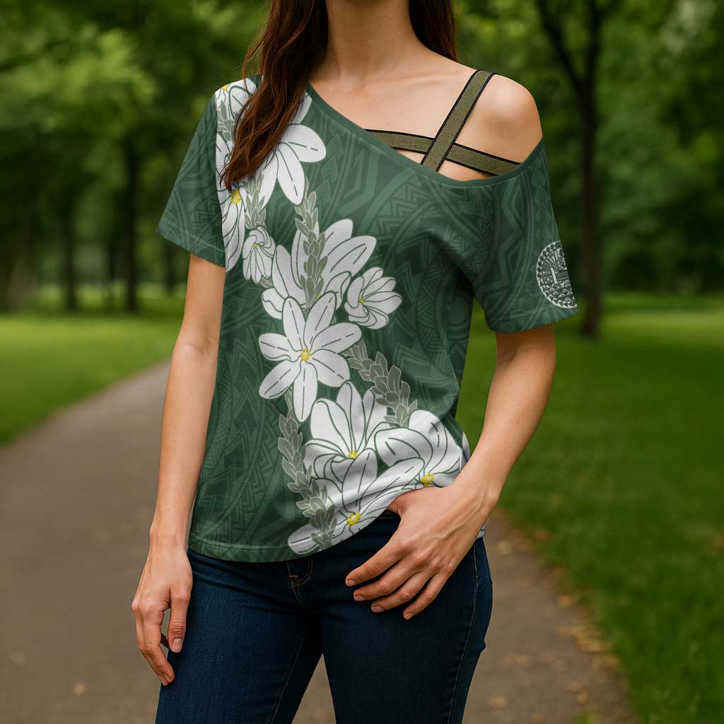 Ia Orana Tahiti Tiare Cross Shoulder Shirt Sage Green Lei - Polynesian Pride