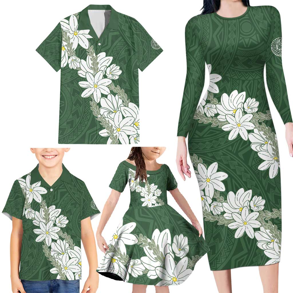 Ia Orana Tahiti Tiare Family Matching Long Sleeve Bodycon Dress and Hawaiian Shirt Sage Green Lei LT7 - Polynesian Pride