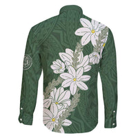 Ia Orana Tahiti Tiare Family Matching Long Sleeve Bodycon Dress and Hawaiian Shirt Sage Green Lei LT7 - Polynesian Pride