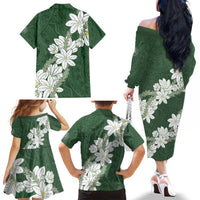 Ia Orana Tahiti Tiare Family Matching Off The Shoulder Long Sleeve Dress and Hawaiian Shirt Sage Green Lei LT7 - Polynesian Pride