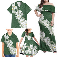 Ia Orana Tahiti Tiare Family Matching Off Shoulder Maxi Dress and Hawaiian Shirt Sage Green Lei LT7 - Polynesian Pride