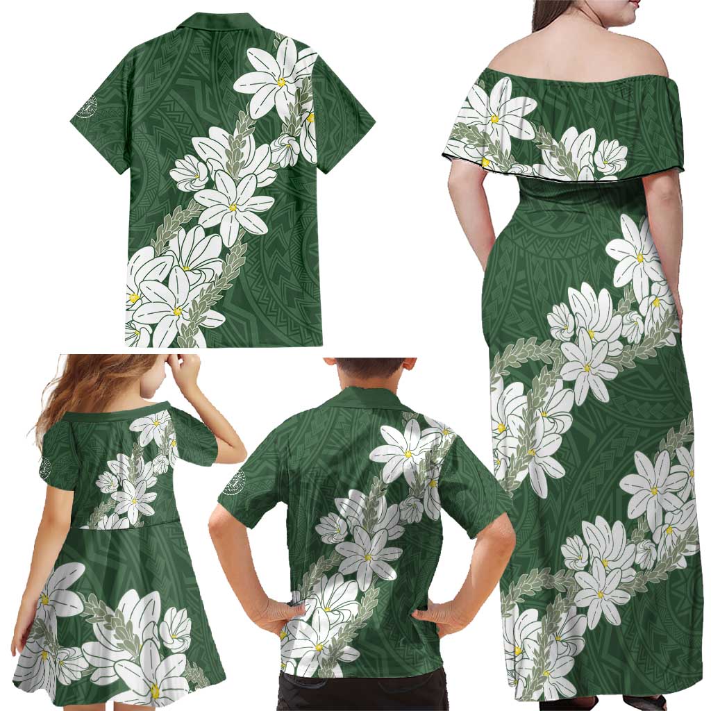 Ia Orana Tahiti Tiare Family Matching Off Shoulder Maxi Dress and Hawaiian Shirt Sage Green Lei LT7 - Polynesian Pride