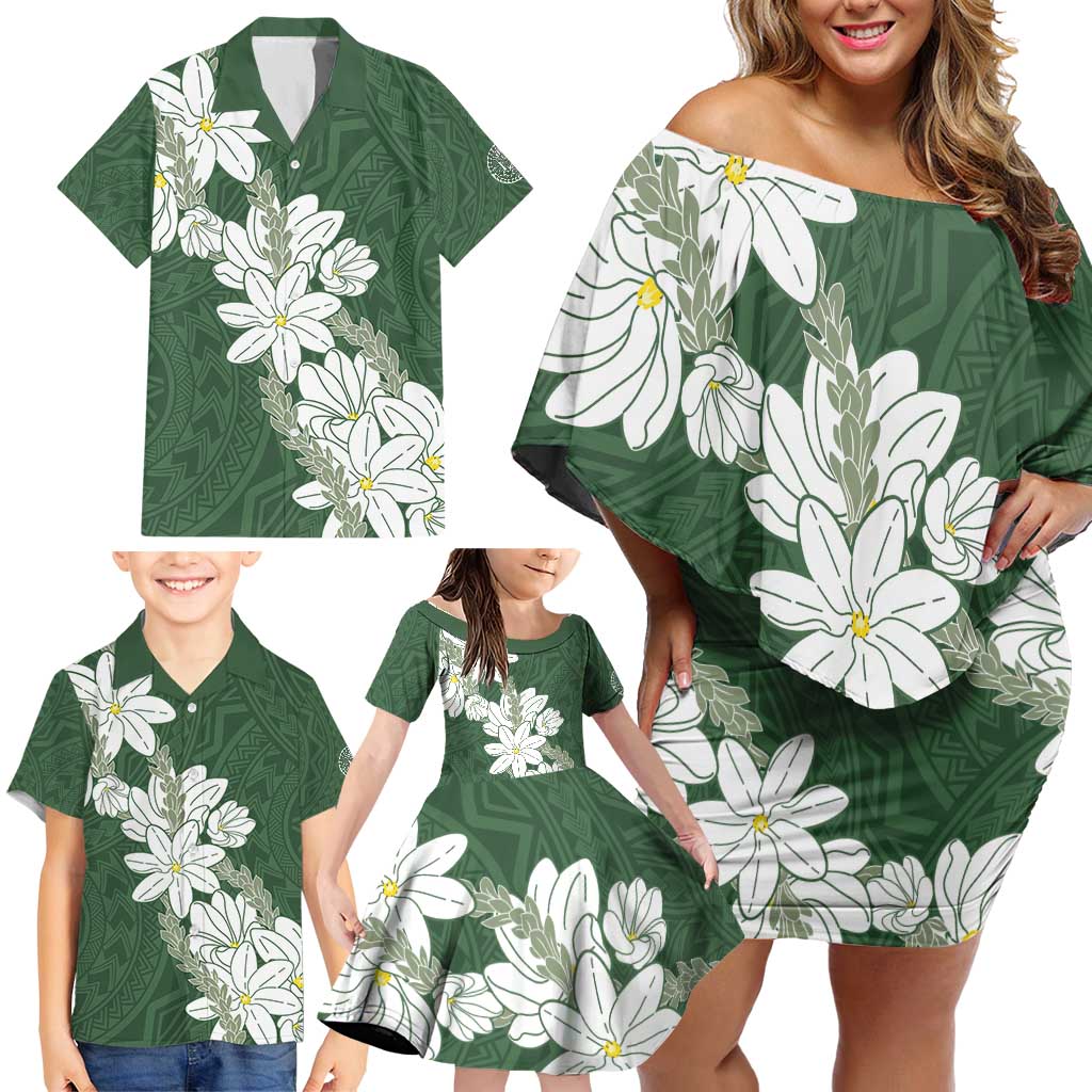 Ia Orana Tahiti Tiare Family Matching Off Shoulder Short Dress and Hawaiian Shirt Sage Green Lei LT7 - Polynesian Pride
